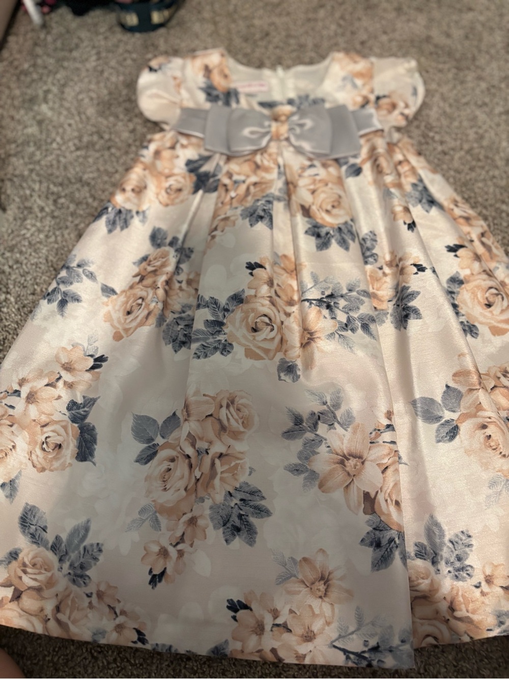 Bonnie Jean Cream Floral Satin Dress with Gray Bow
